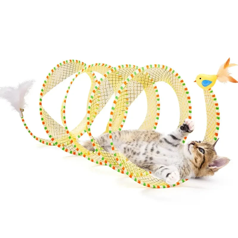 Túnel espiral plegable para gatos con plumas y campanas