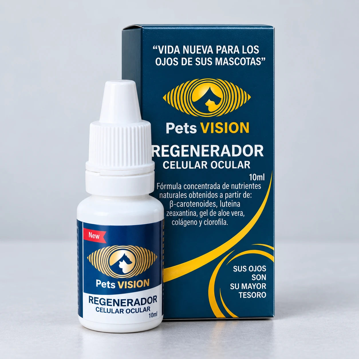 Frasco de 10 ml y caja de Pets Visi&oacute;n